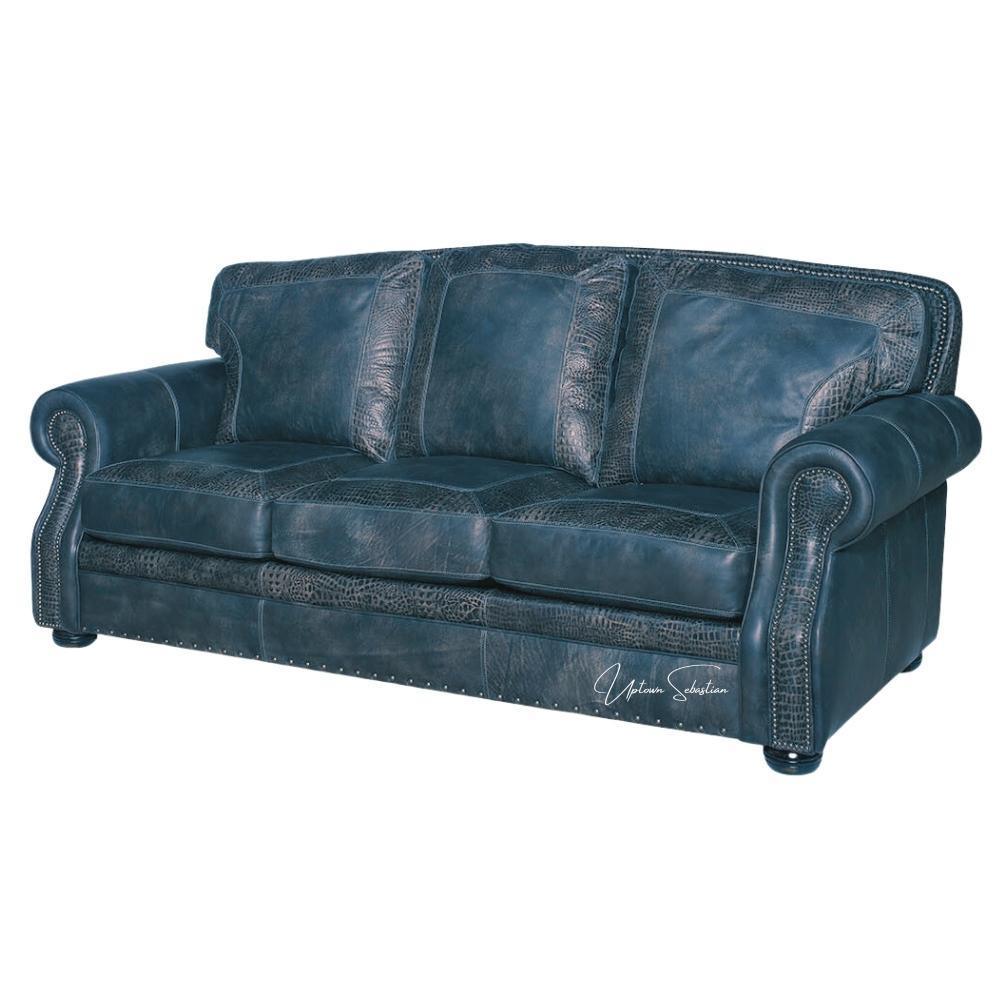 Western Style Leather Couch With Blue Alligator Embossed Leather - Uptown Sebastian