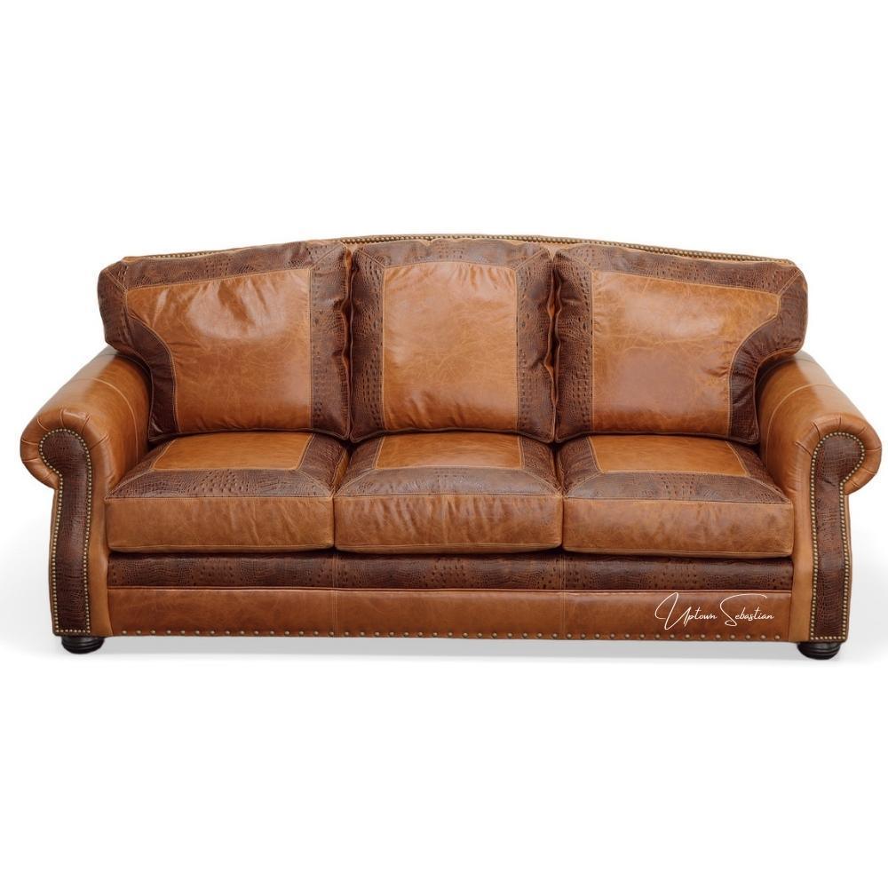 Western Style Leather Couch With Brown Alligator Embossed Leather - Uptown Sebastian