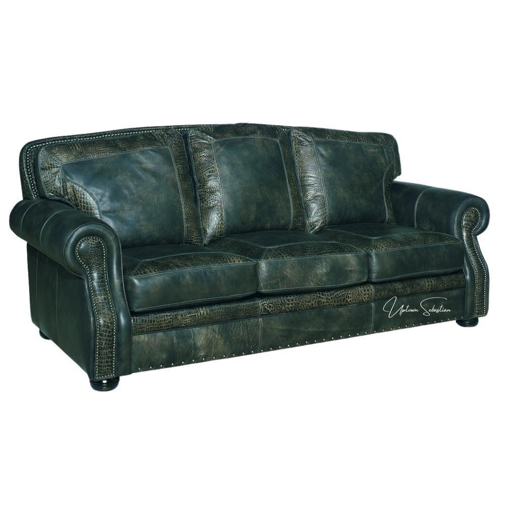 Western Style Leather Couch With Green Teal Alligator Embossed Leather - Uptown Sebastian