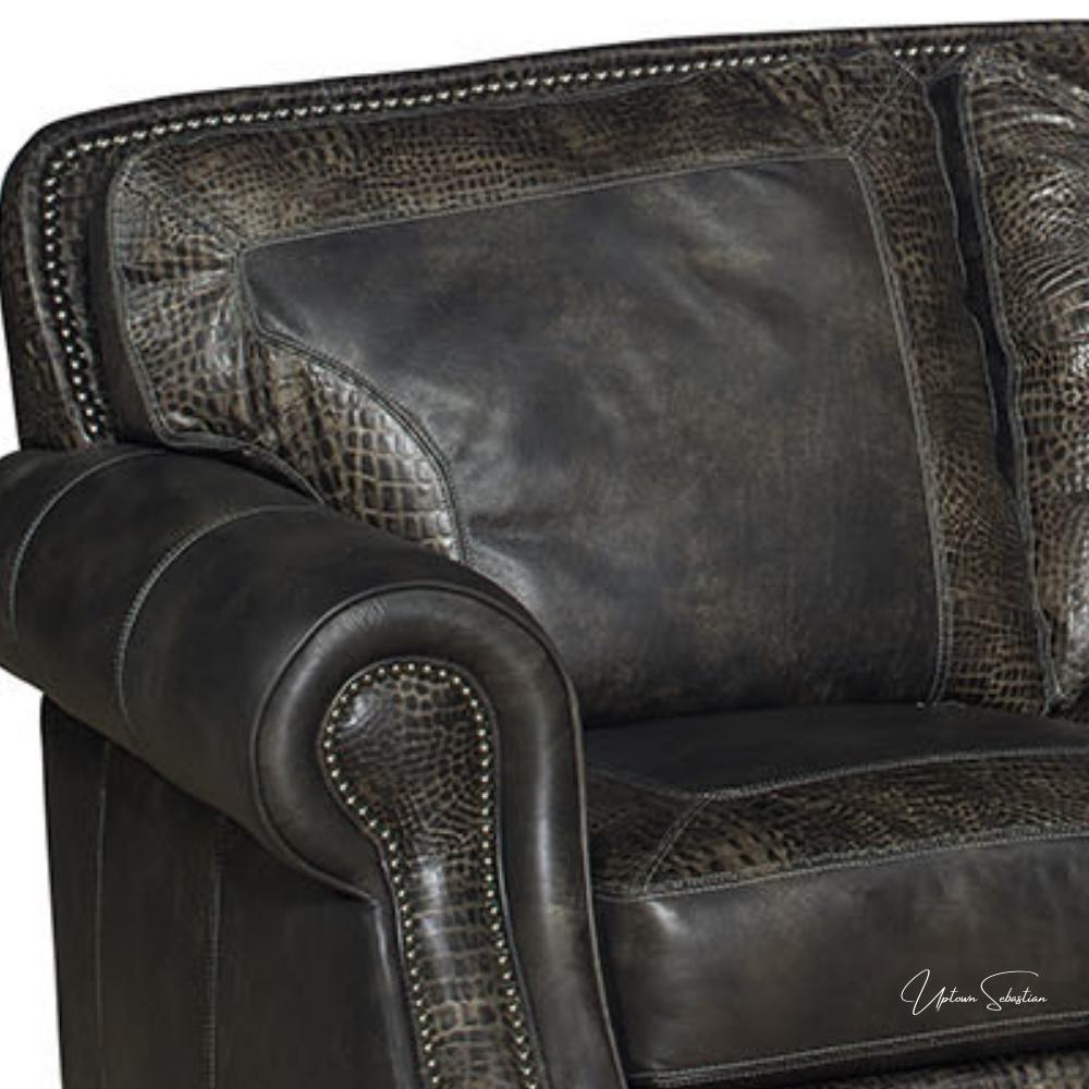 Western Style Leather Couch With Grey Alligator Embossed Leather - Uptown Sebastian