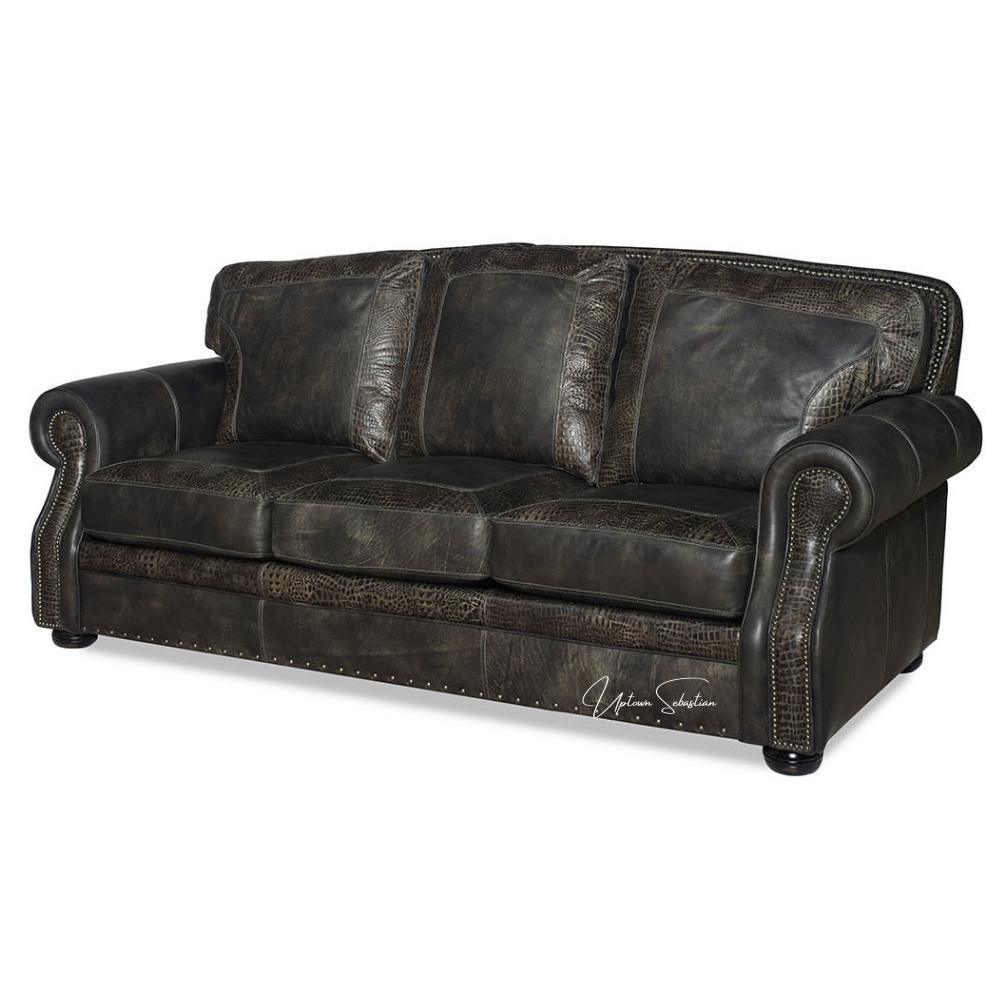 Western Style Leather Couch With Grey Alligator Embossed Leather - Uptown Sebastian